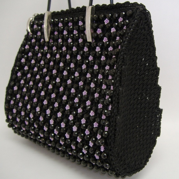 Black Fenghua Purse Pink Flower Beaded Tote Evening Handbag Silver Metal - Picture 3 of 8